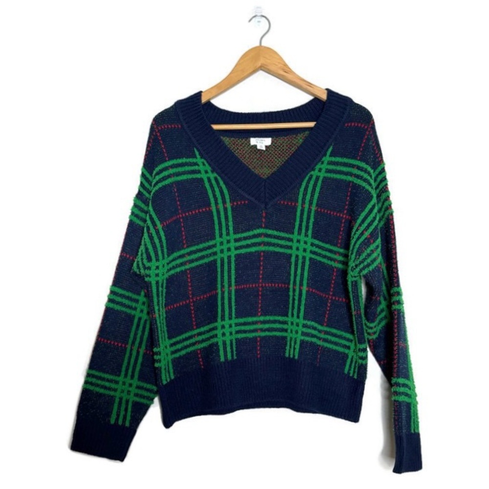 Crown & Ivy Long Sleeve V-Neck Plaid Sweater Red Blue Green Women's Size…